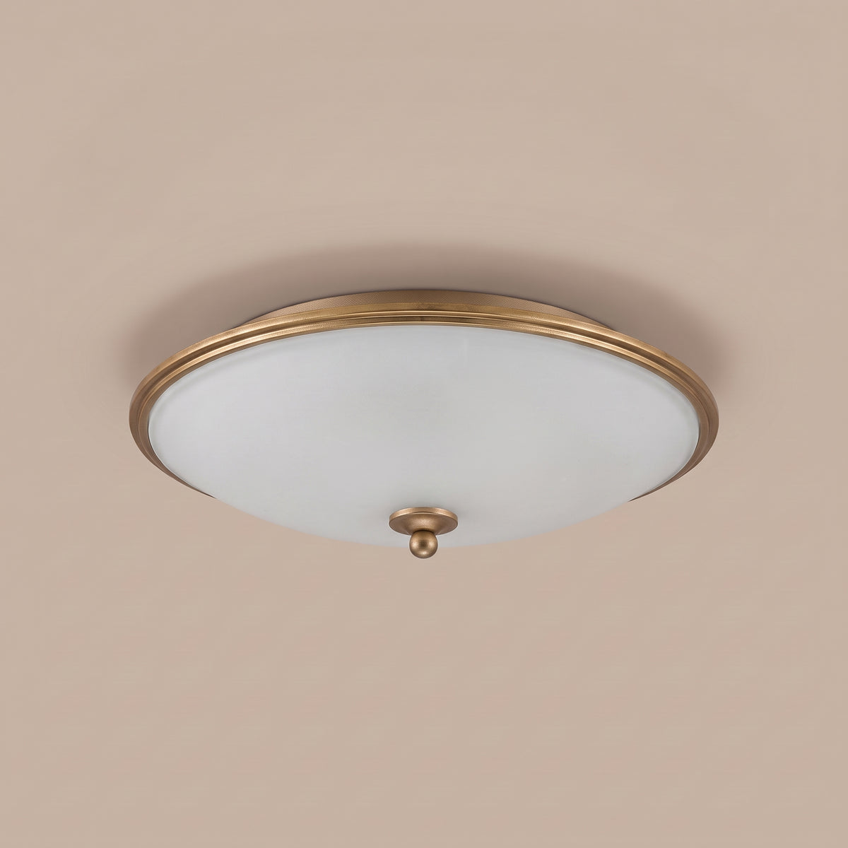Orren pot-lid flush mount ceiling light, three-quarter view, unlit