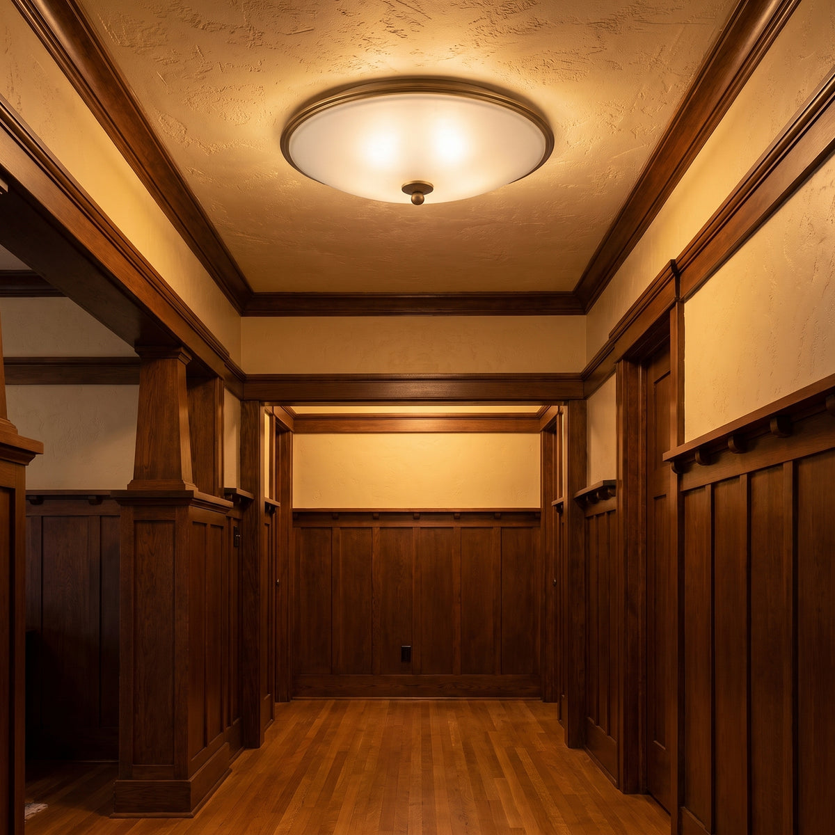 Orren flush mount in a craftsman-style hallway