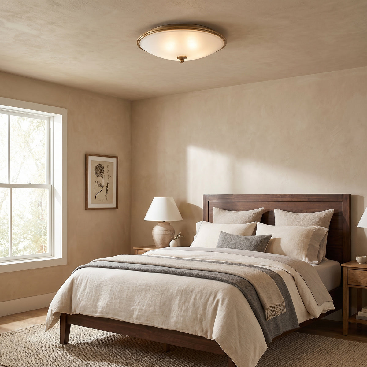 Orren flush mount ceiling light in a transitional bedroom