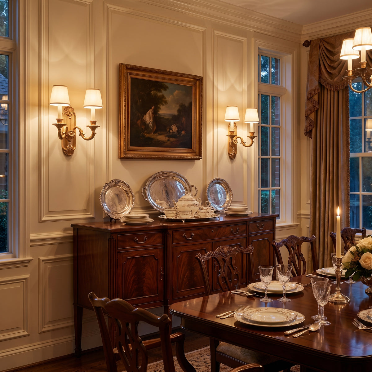 Pair of Versailles sconces in an elegant dining room