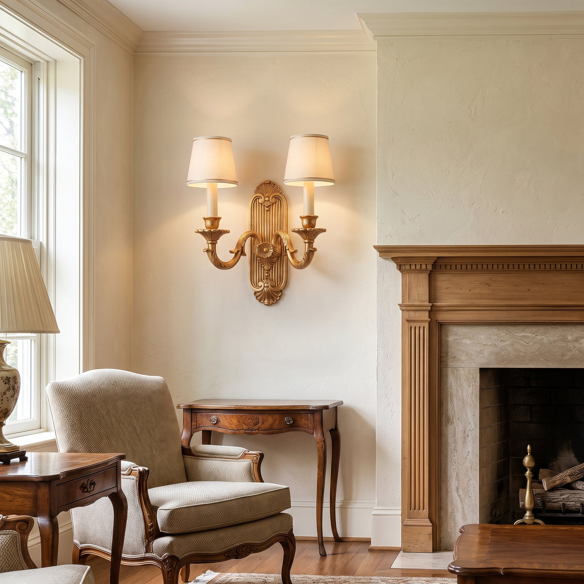 Versailles sconce beside a fireplace in a classic living room