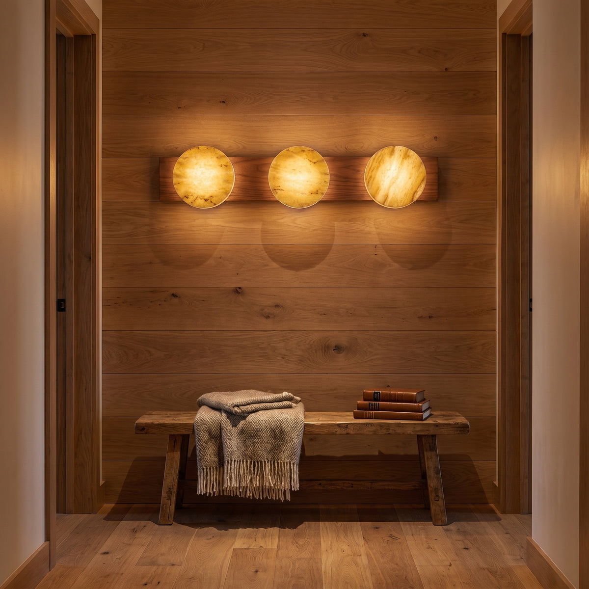 Tivoli travertine sconce in a warm wood hallway