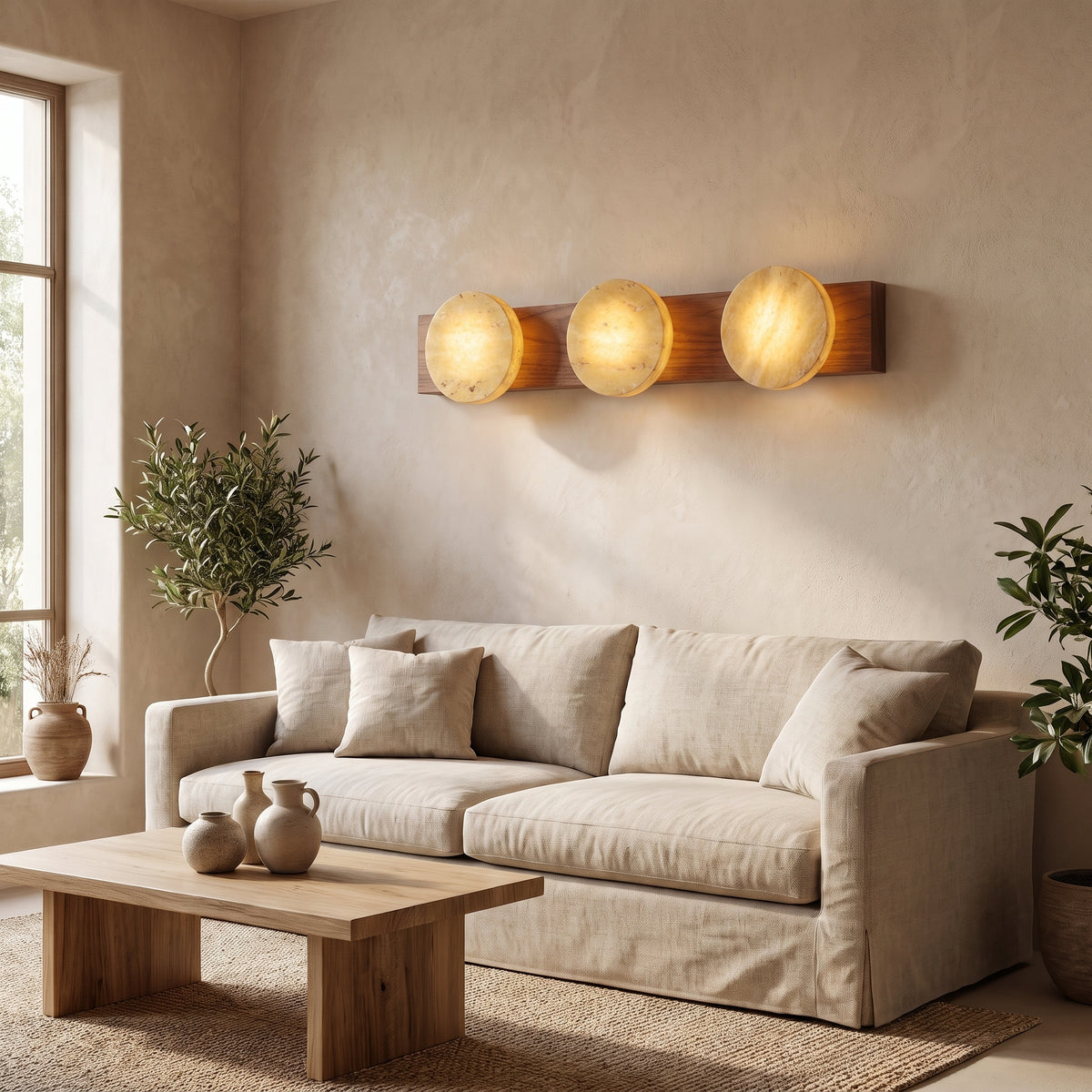 Tivoli travertine sconce above a linen sofa