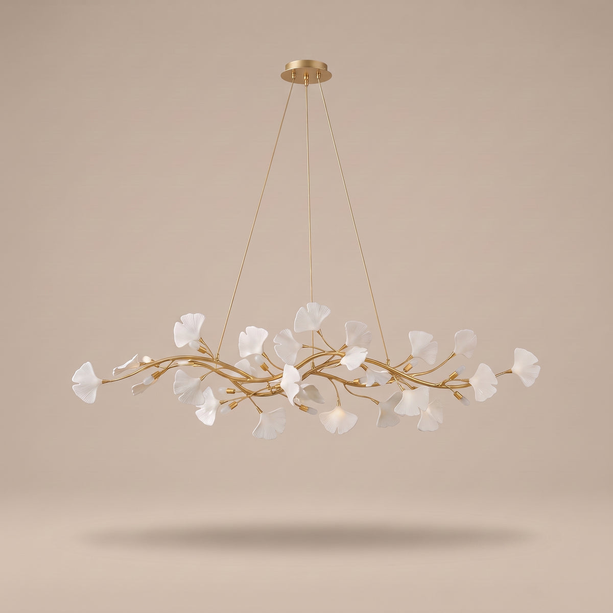 Ginkgo porcelain leaf chandelier, three-quarter view, unlit