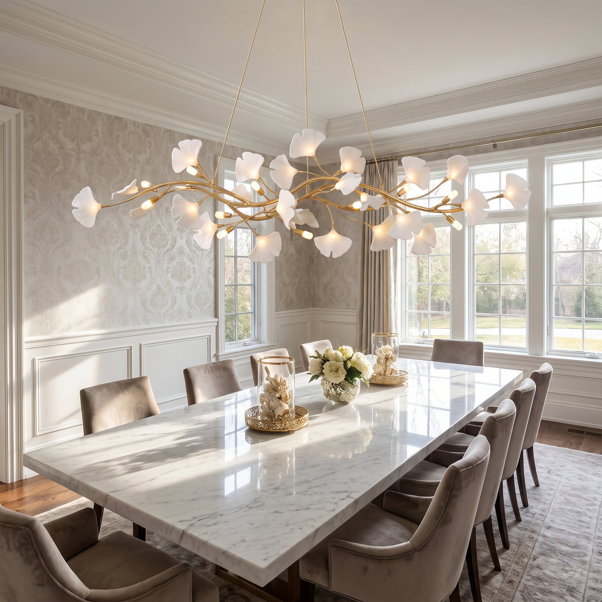 Ginkgo chandelier above a marble dining table