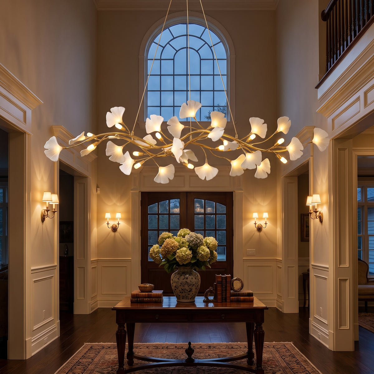 Ginkgo chandelier in a grand entryway