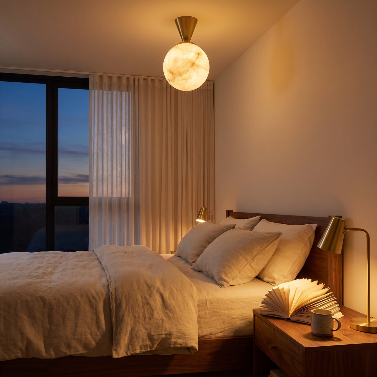 Lunaire alabaster ceiling light in a bedroom