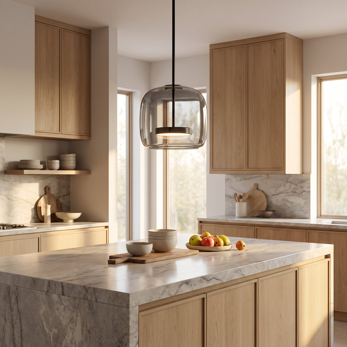 Orbe pendant over a kitchen island