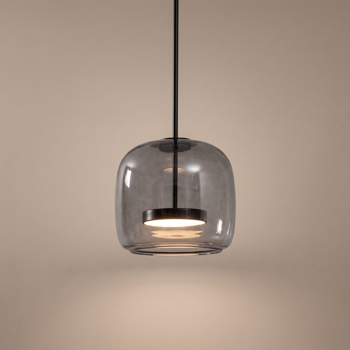 Orbe smoke glass pendant, lit