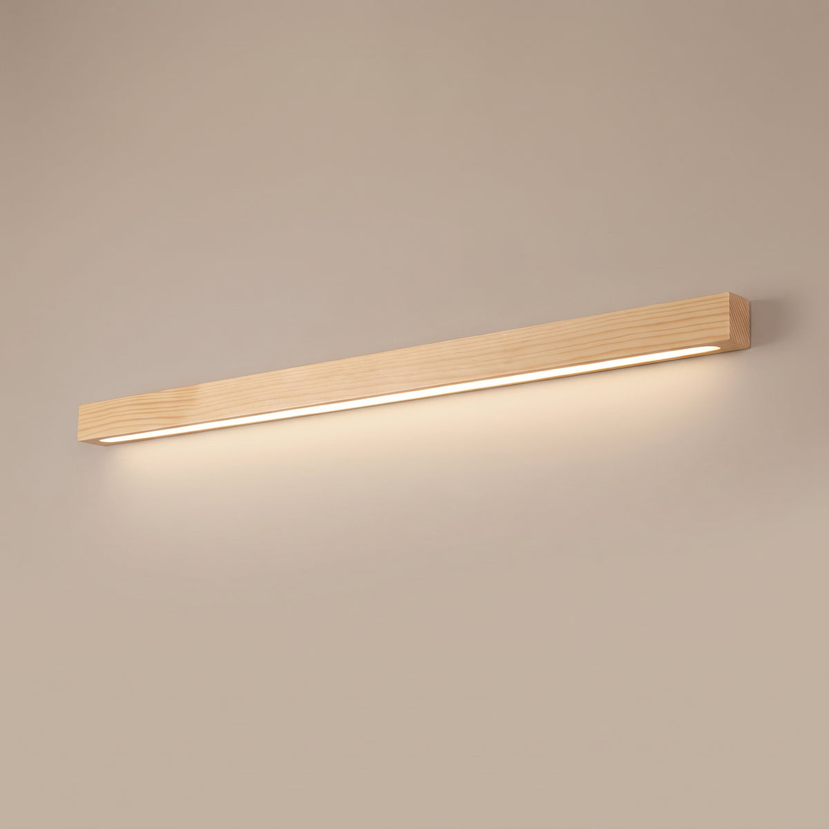 Lineo natural pine linear wall light, lit
