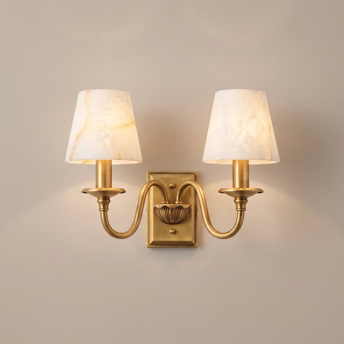 Cygne double alabaster candle wall sconce in aged brass