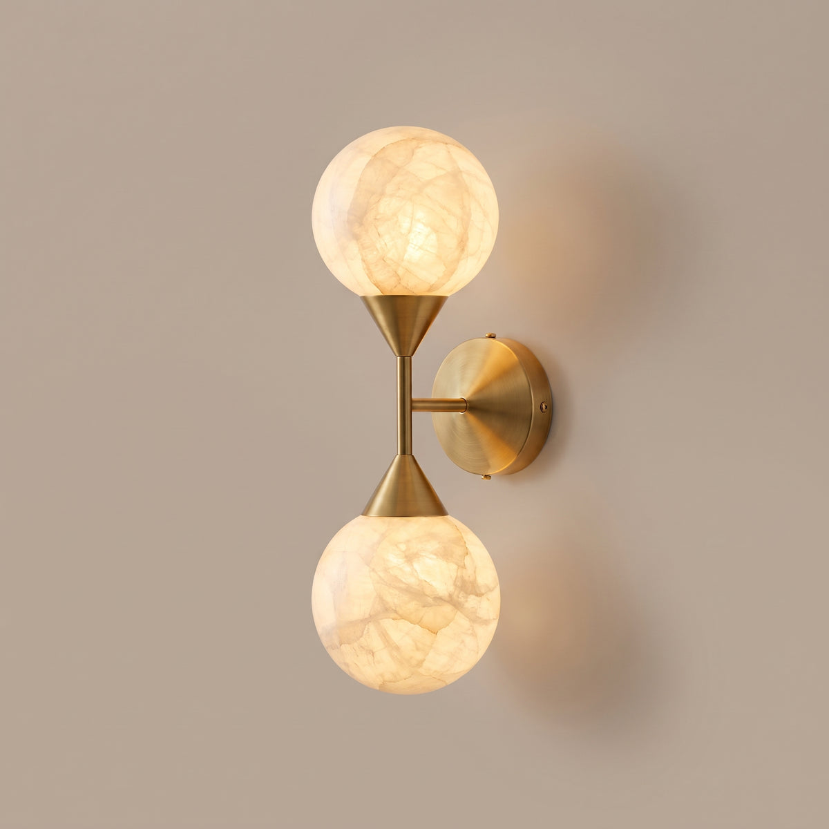 Deux Lunes up and down alabaster globe wall sconce in brass
