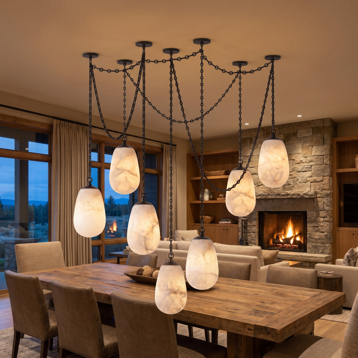 Chainette chandelier over a dining table