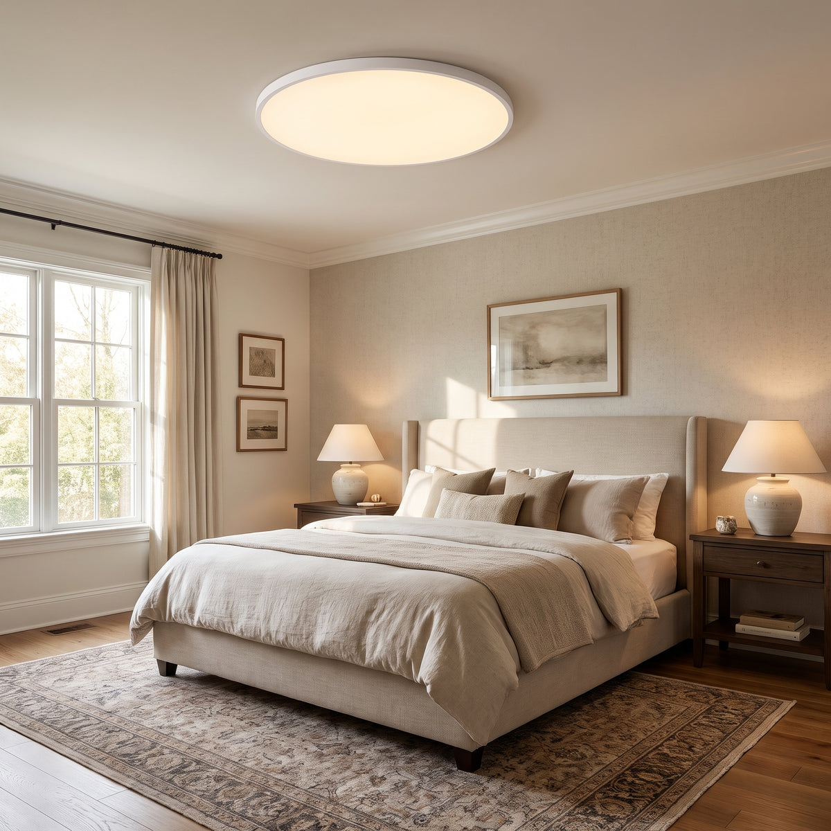 Disca minimalist round LED flush mount ceiling light in a bedroom or dining room