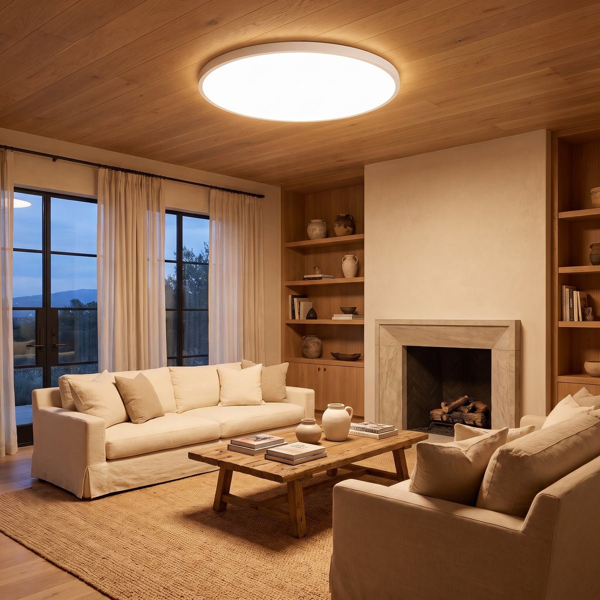 Disca minimalist round LED flush mount ceiling light in a living space
