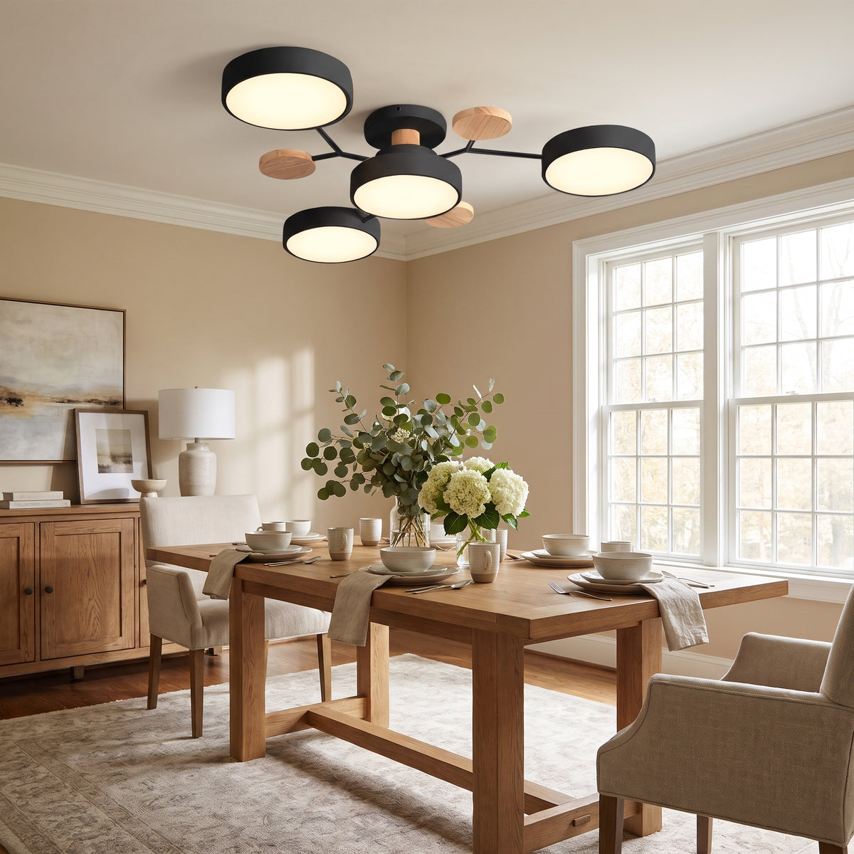 Rondo round iron LED semi-flush chandelier