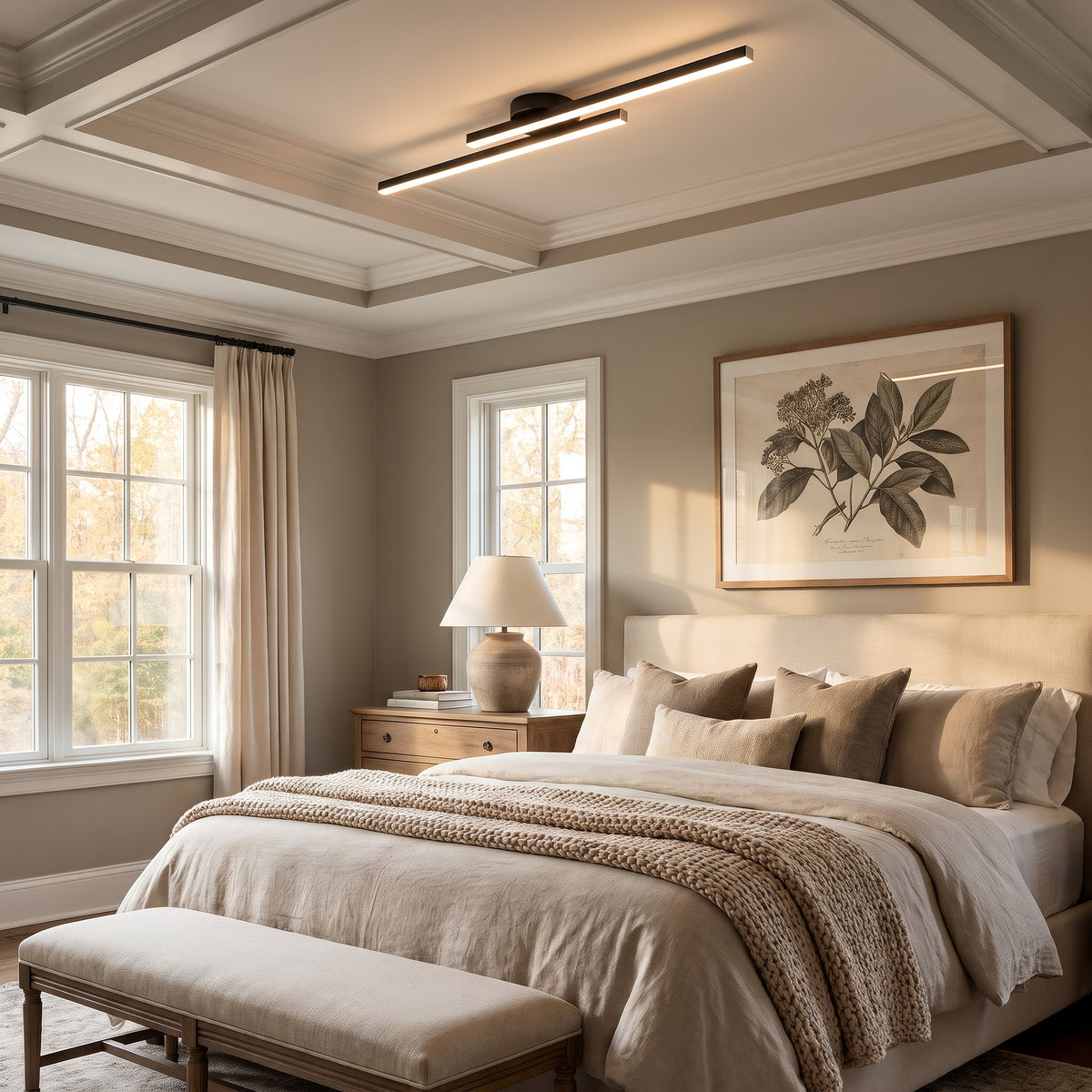 Strata slim aluminum linear LED ceiling light in a bedroom or dining room