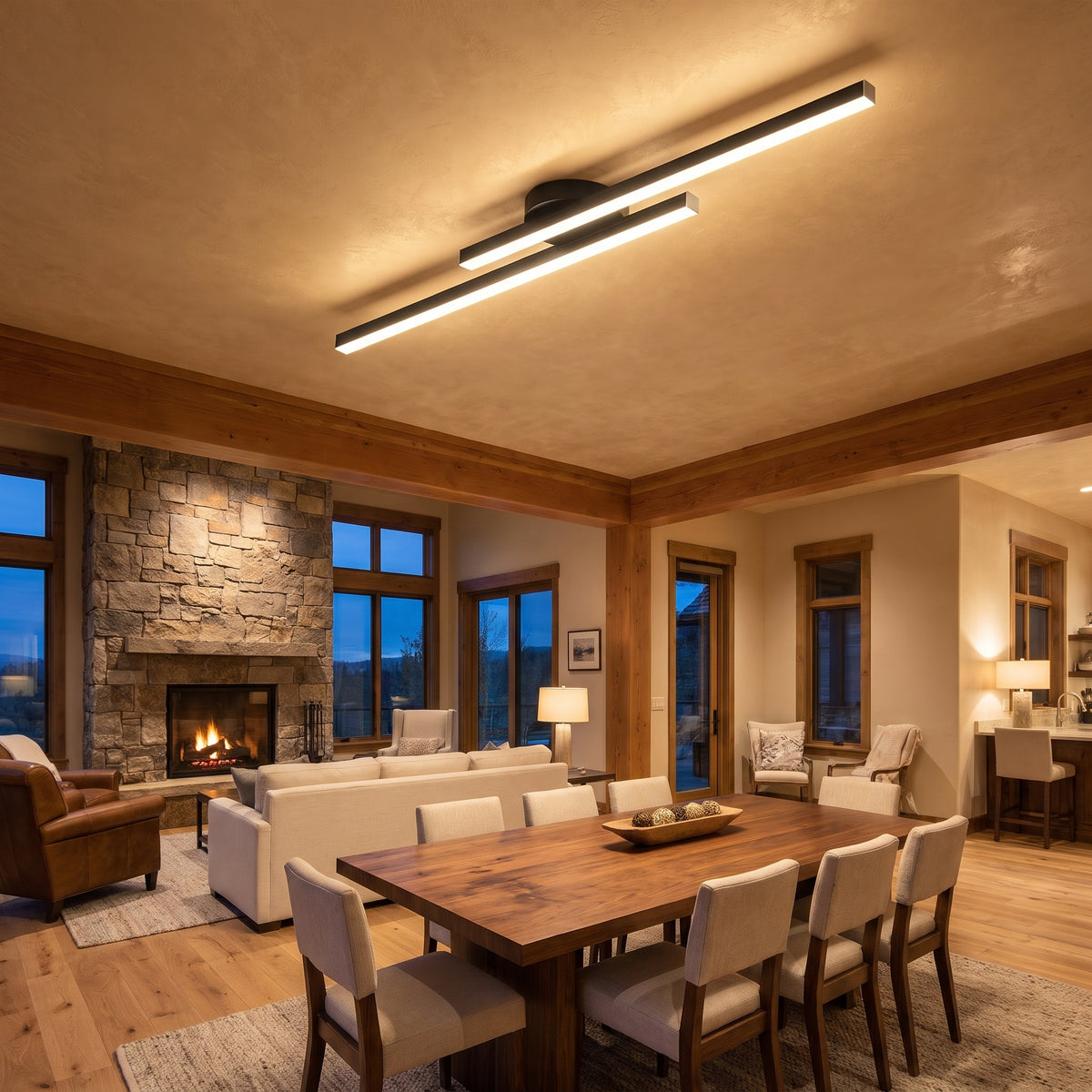 Strata slim aluminum linear LED ceiling light in a living space