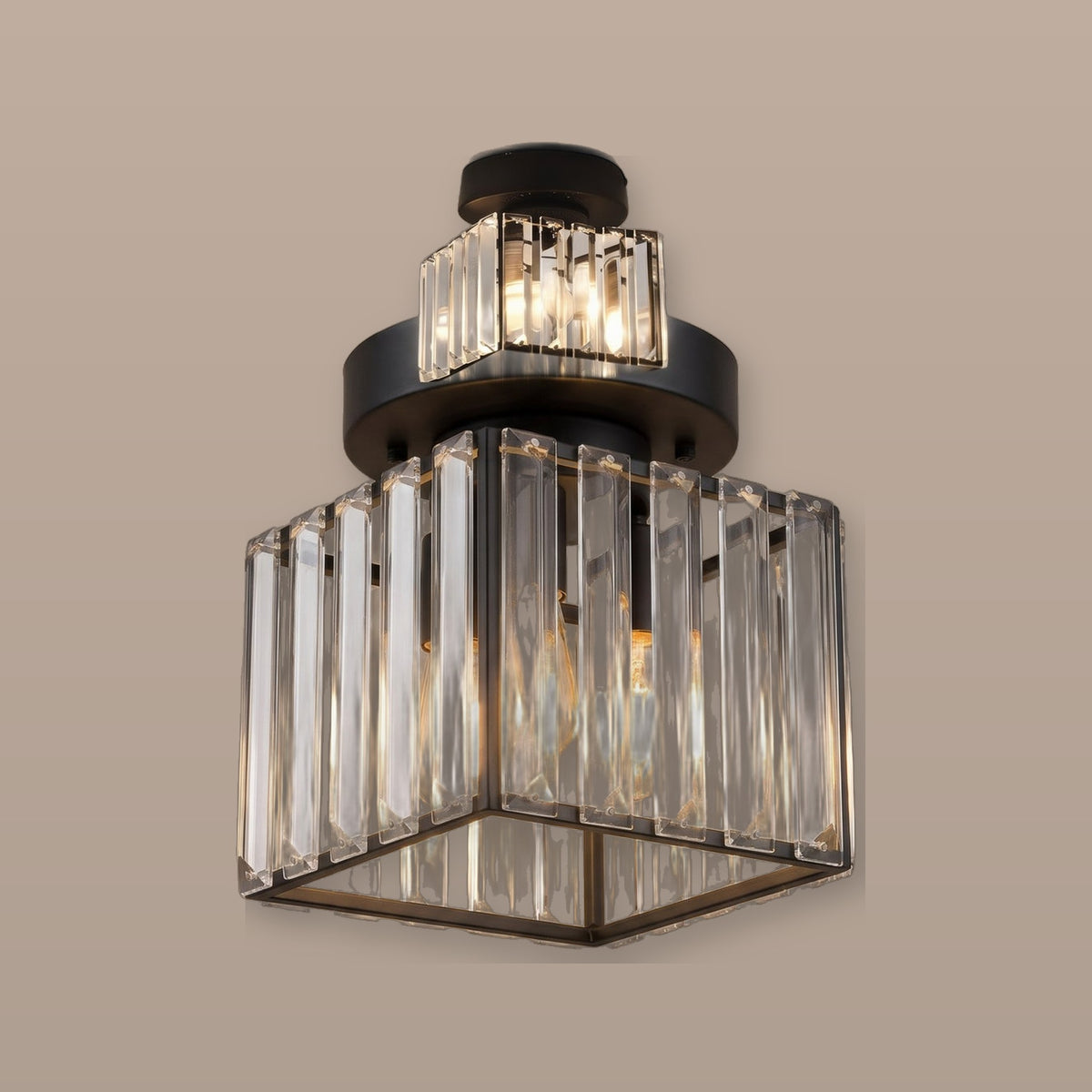 Rivo ribbed clear glass flush mount ceiling light - studio photo, light on