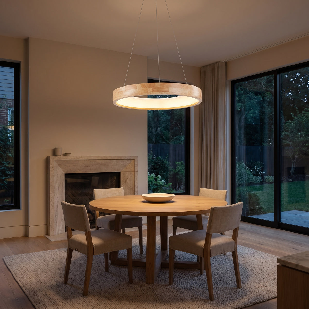Annulo wood ring LED pendant light in a living space