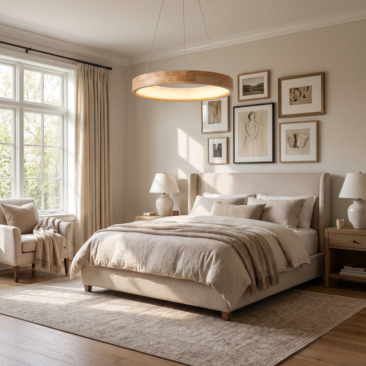 Annulo wood ring LED pendant light in a bedroom or dining room