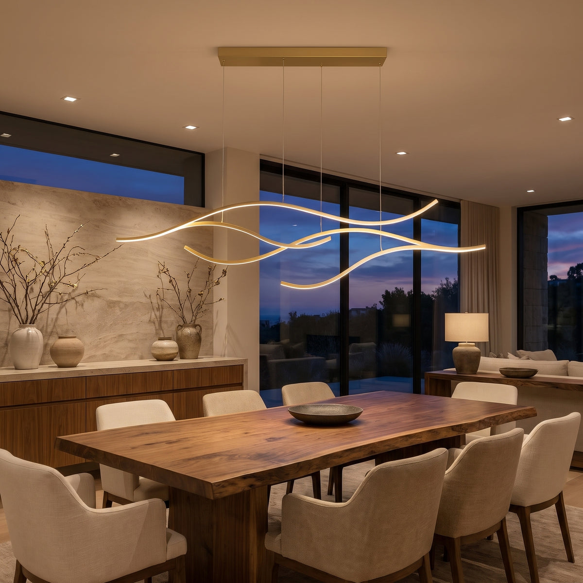 Soffio linear LED wave pendant light in a living space