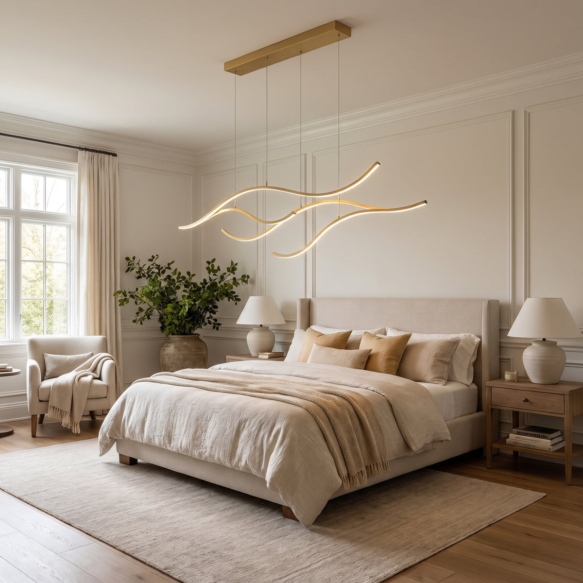 Soffio linear LED wave pendant light in a bedroom or dining room
