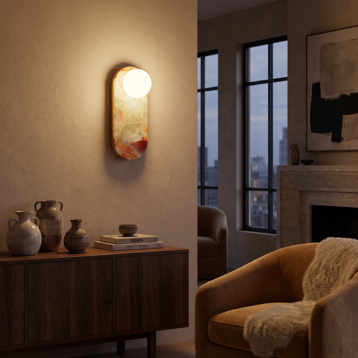 Jade onyx and opal globe wall sconce in a living space