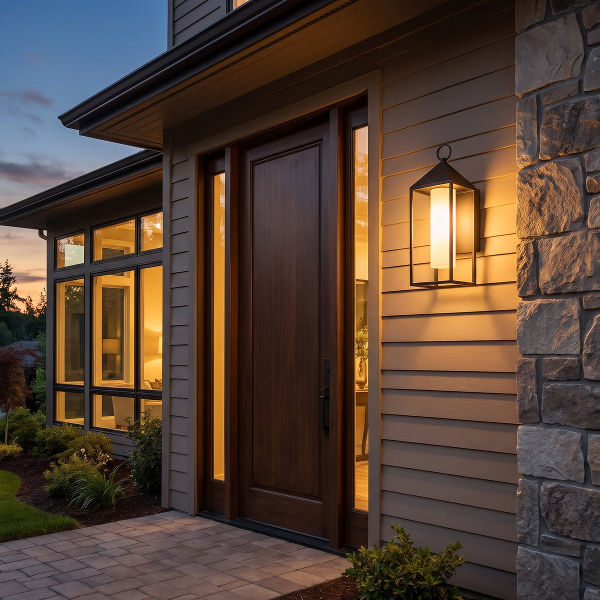 Fanal rectangular outdoor lantern wall light by a front door at dusk