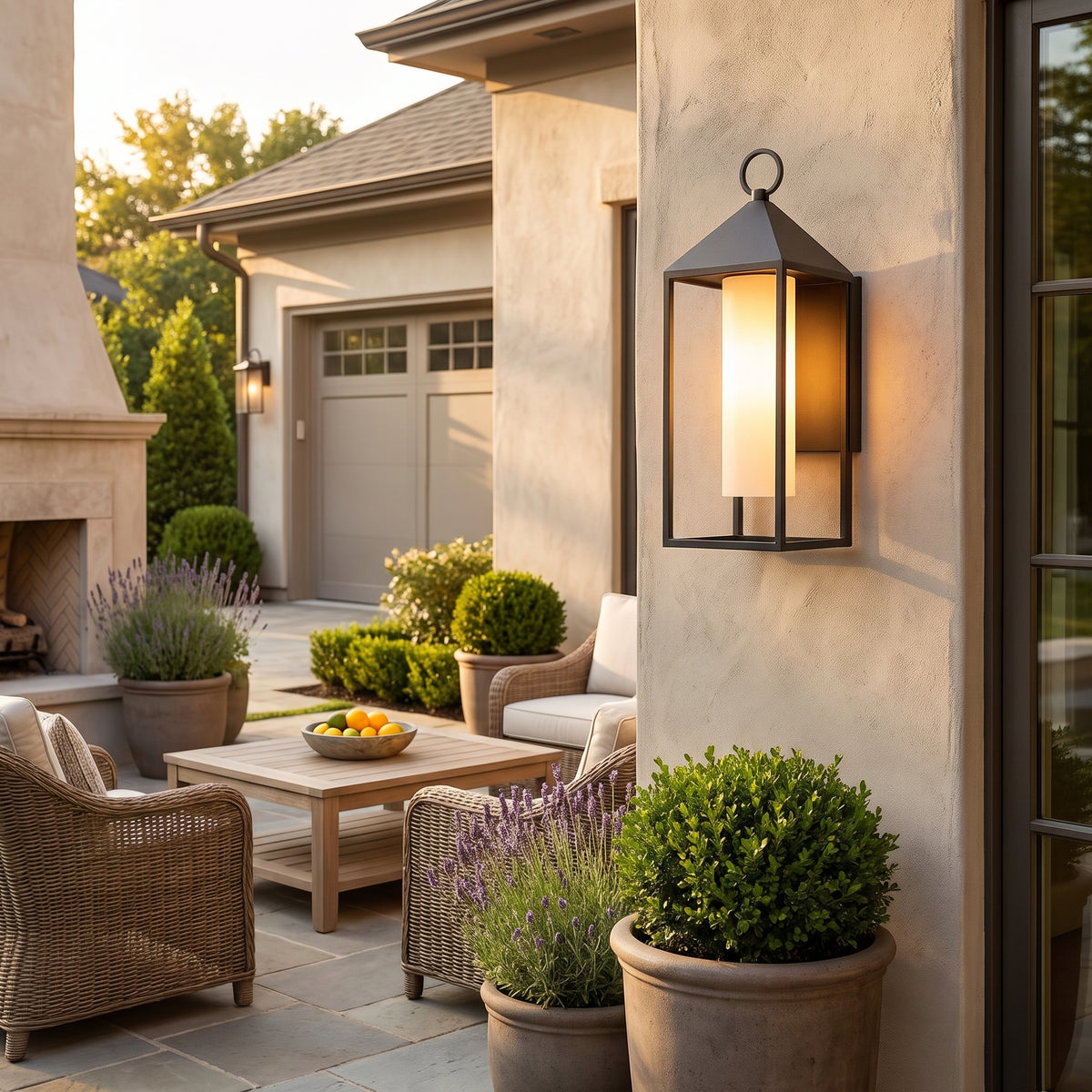Fanal rectangular outdoor lantern wall light on a patio
