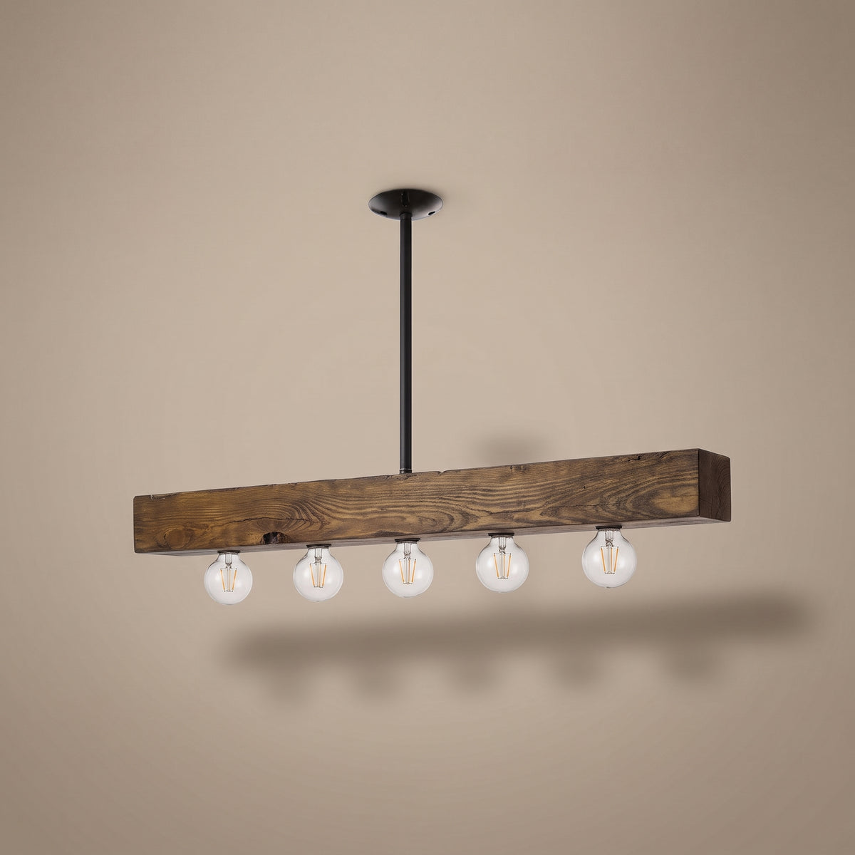 Poutre wood beam island chandelier - side view, light off