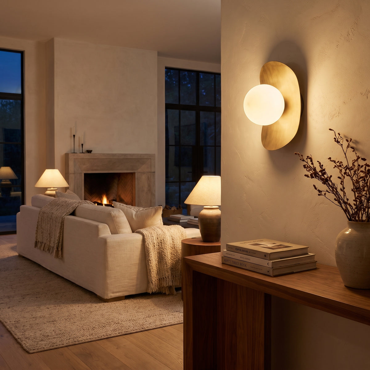 Galet opal globe pebble wall sconce in a living space