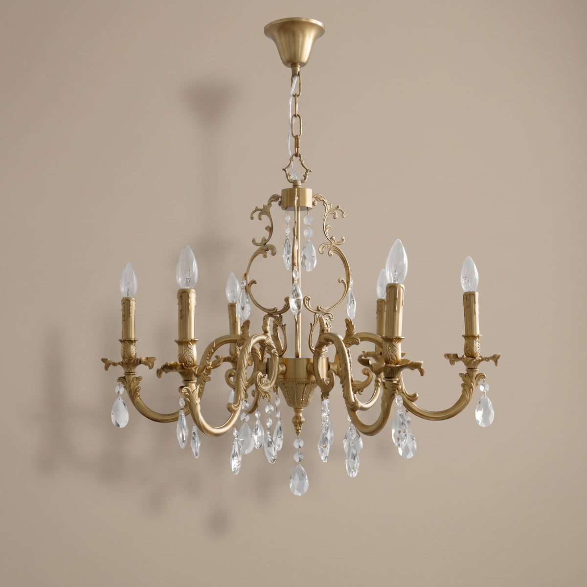 Lys baroque brass and crystal chandelier - side view, light off