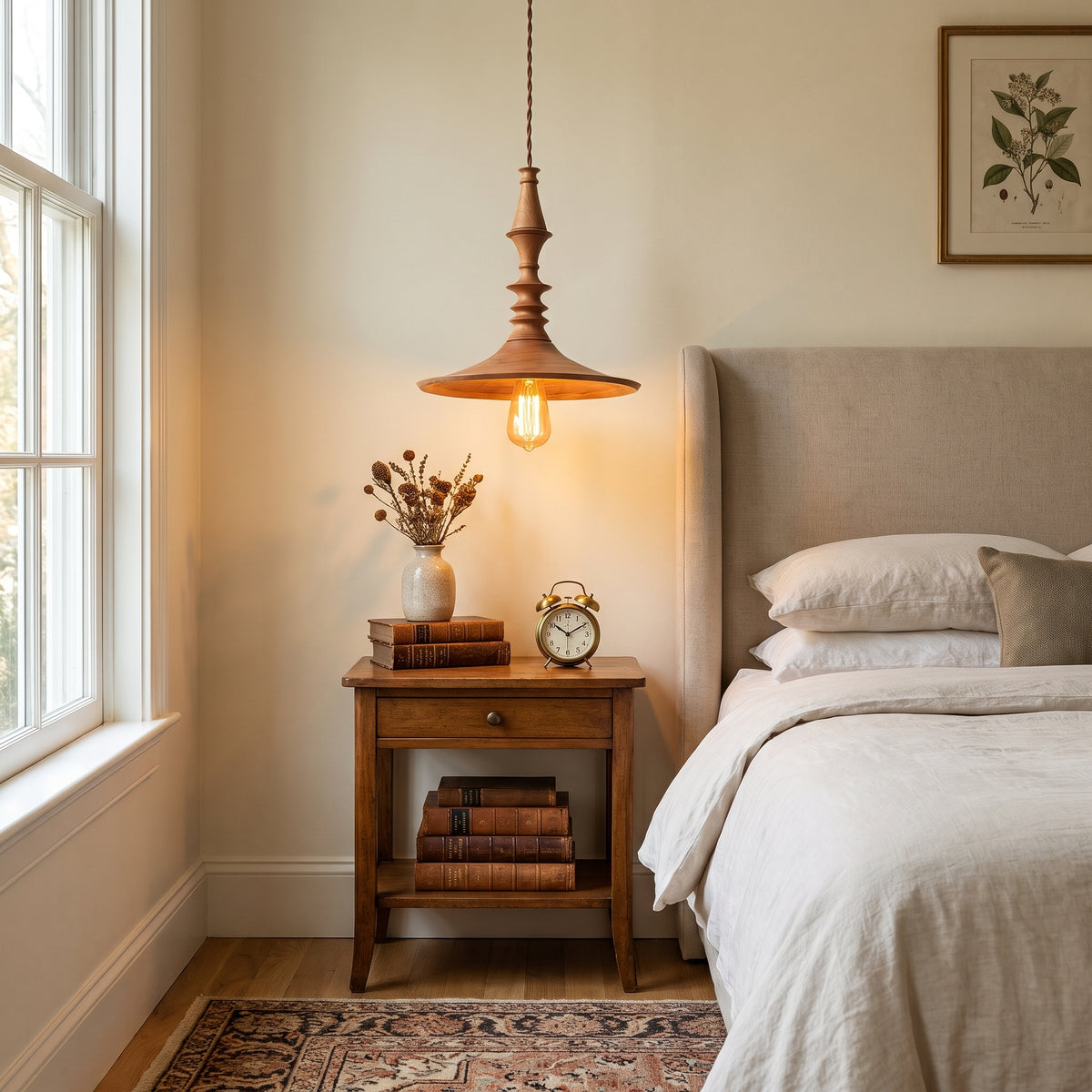 Toupie turned wood pendant light in a bedroom