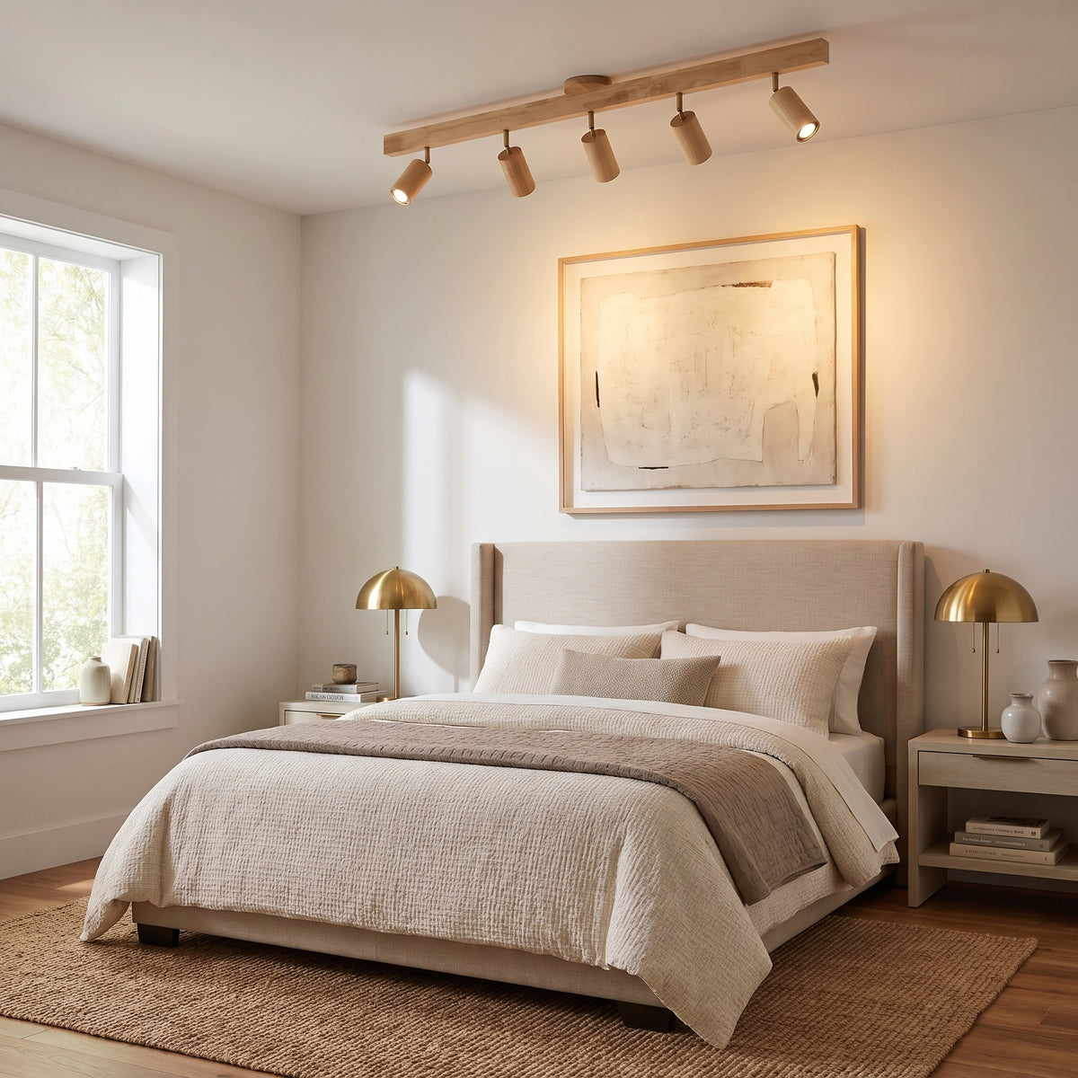 Tronc natural wood spotlight bar light in a bedroom