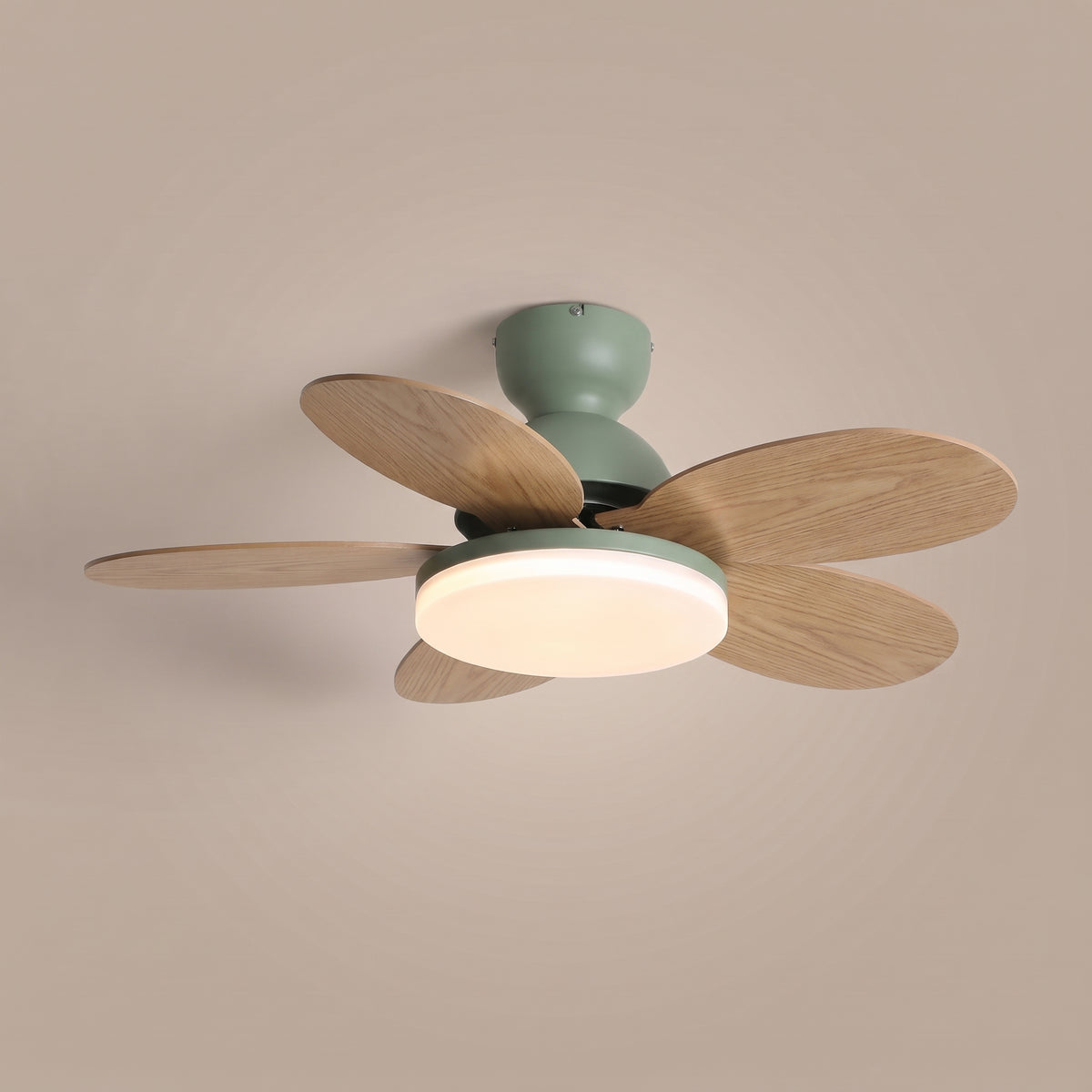 Fiora petal blade ceiling fan with light - Green & Wood Grain finish