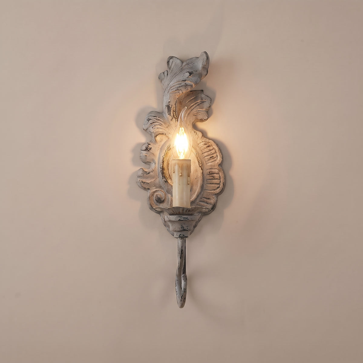 Acanthe French country carved candle wall sconce - Antique Grey