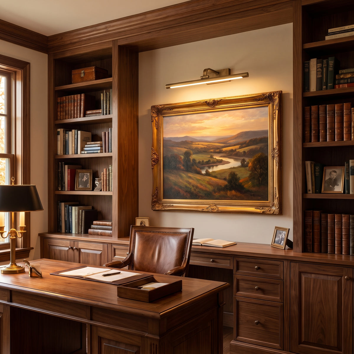 Tracé brass picture light above a painting in a home office