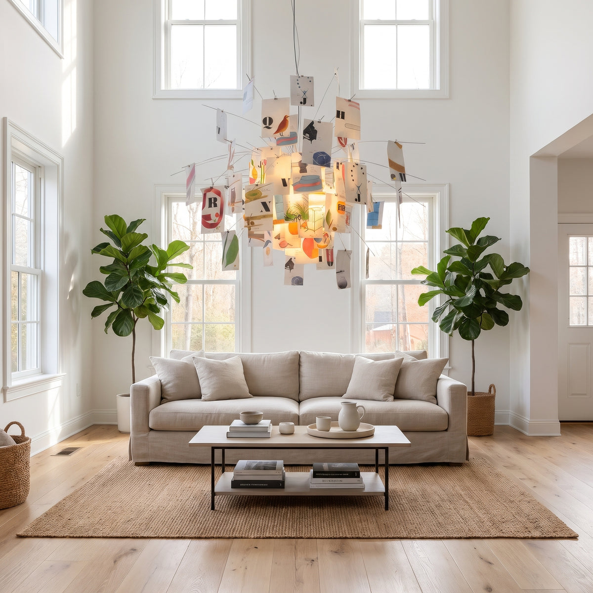 Folio paper leaf chandelier in a bright living room