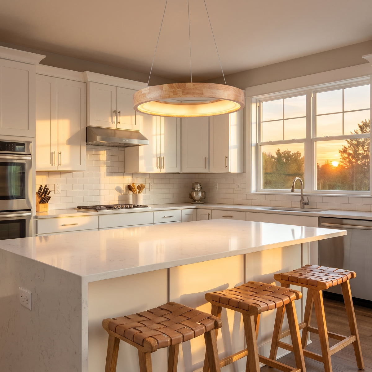 Annulo wood ring pendant over a kitchen island