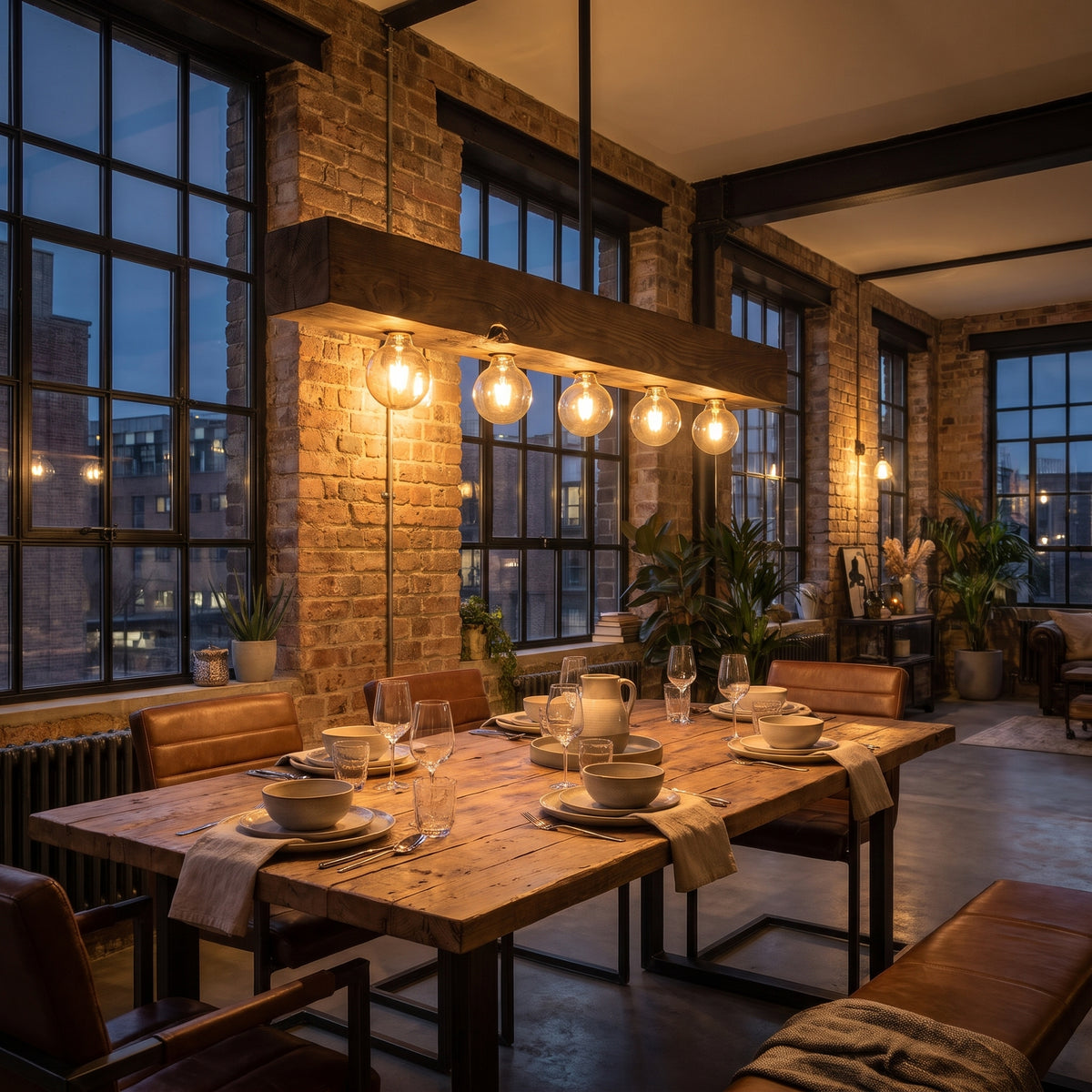 Poutre wood beam chandelier over a loft dining table