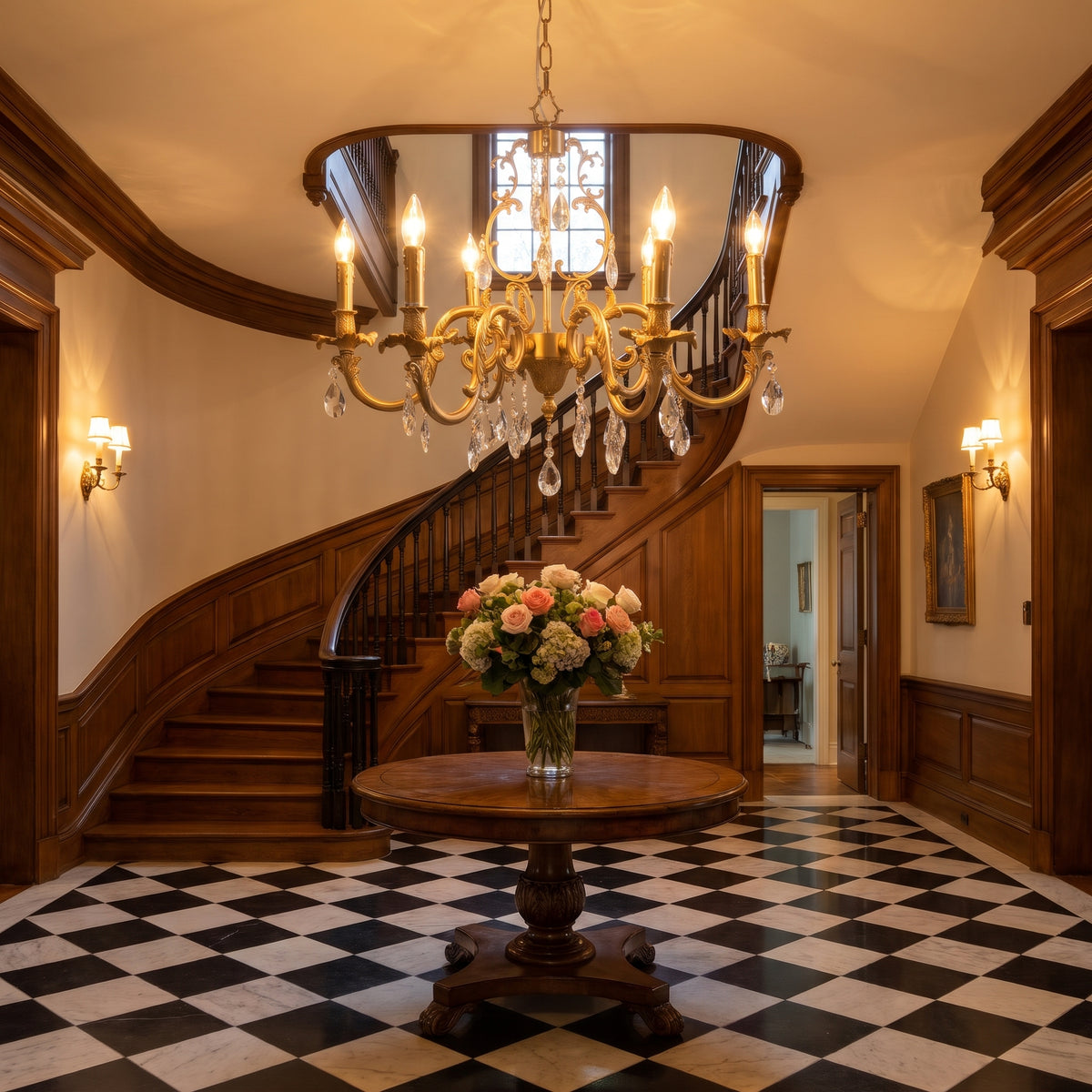Lys baroque brass and crystal chandelier in an entry foyer