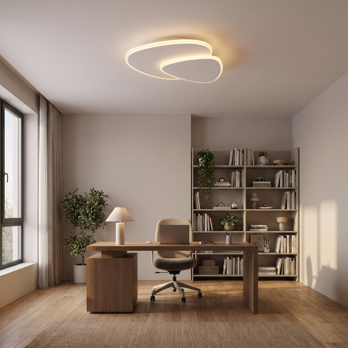 Delta triangle LED flush mount on a home office ceiling