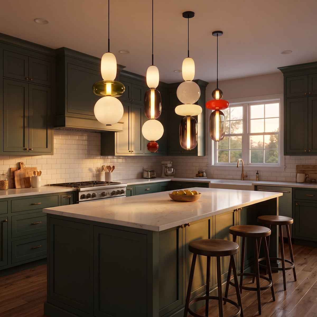 Sucre candied glass pendants over a kitchen island