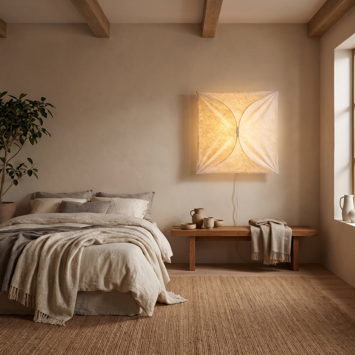 Origami square paper wall light in a Japandi bedroom