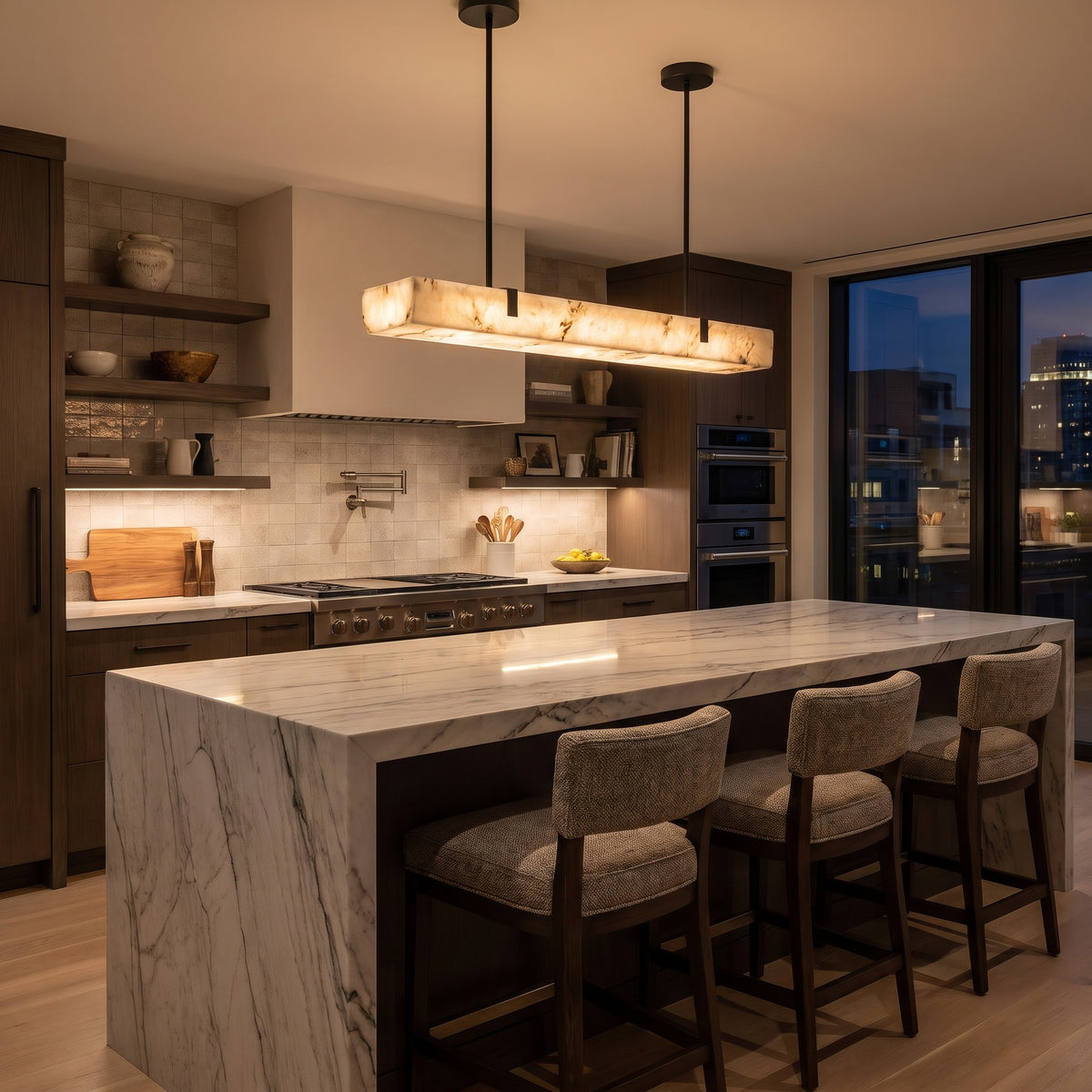 Travée alabaster linear chandelier over a kitchen island