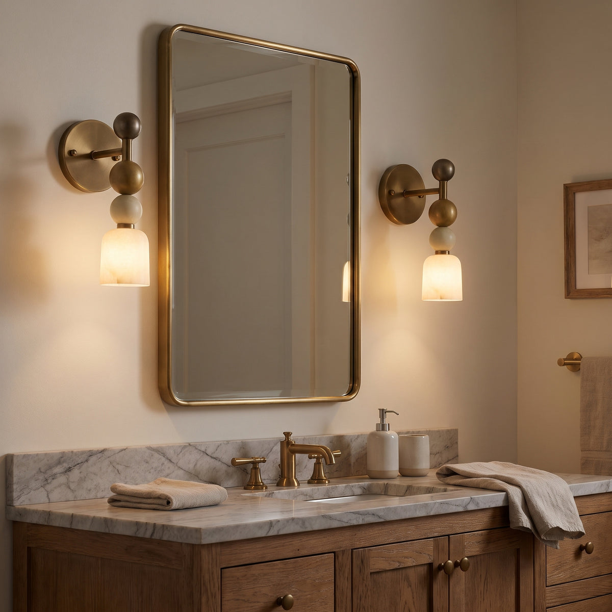 Totem alabaster sconces flanking a bathroom mirror