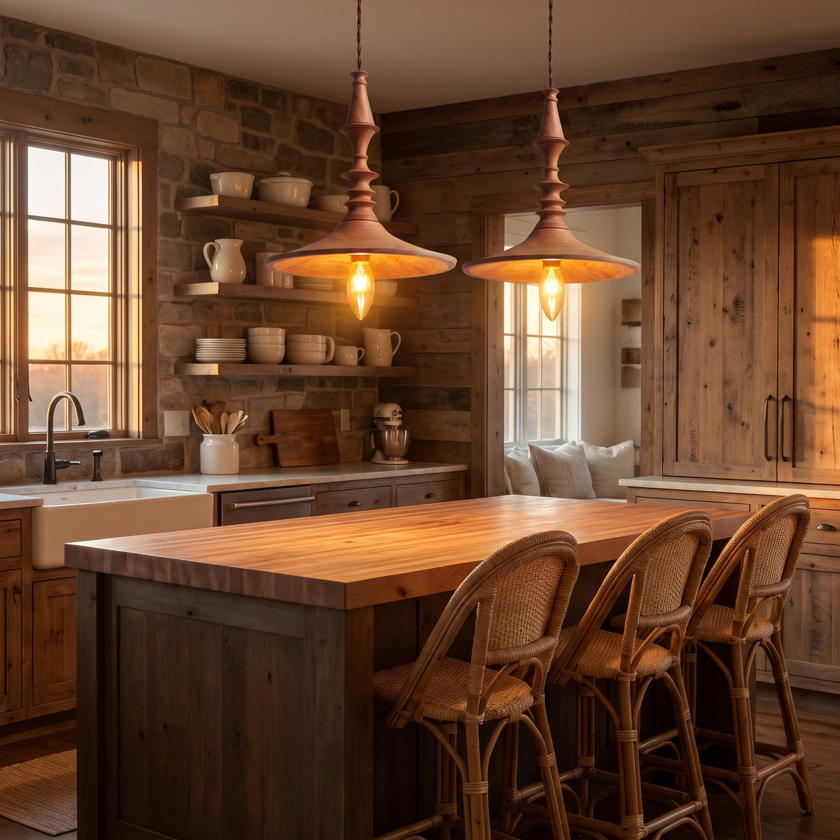 Toupie turned wood pendants over a kitchen island