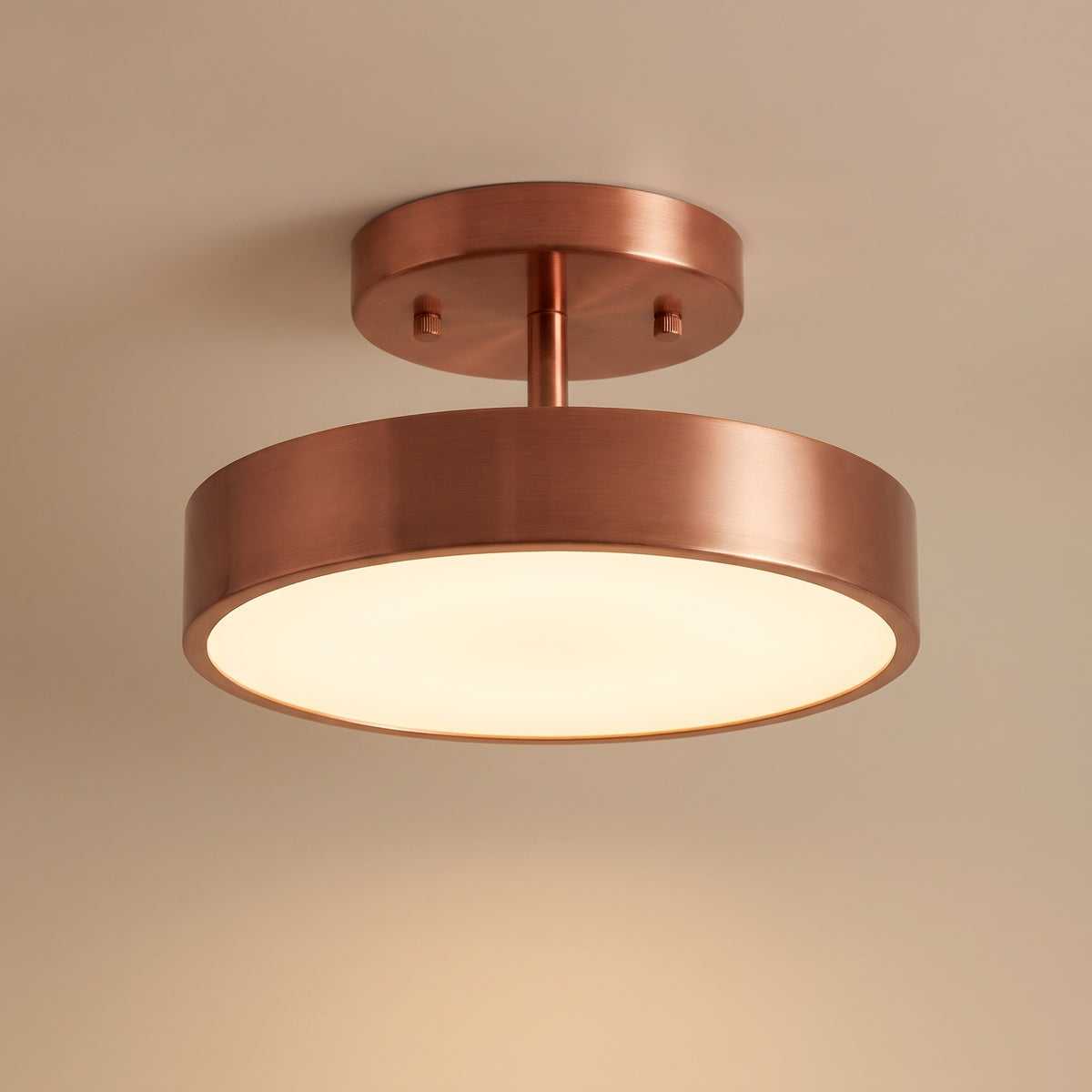 Cuivre copper LED mini semi-flush ceiling light, lit, studio view