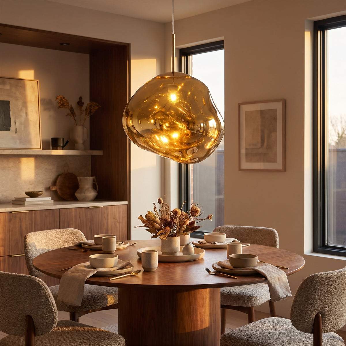 Lave gold molten metal pendant over a round dining table